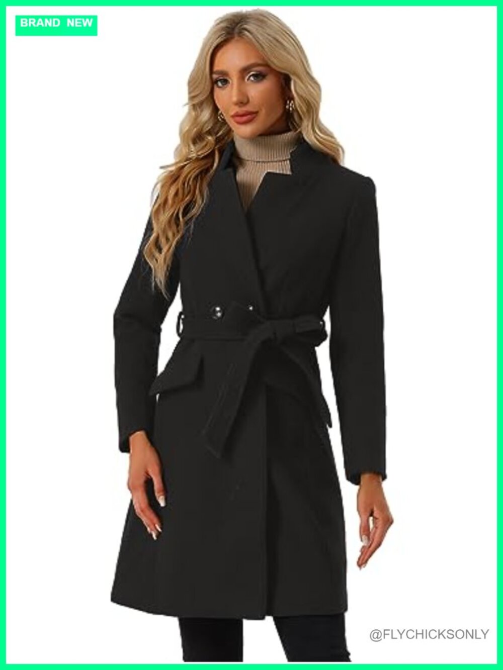 Women's Winter Pea Coat Belted Trench Stand Collar Knee Length Fully Lined